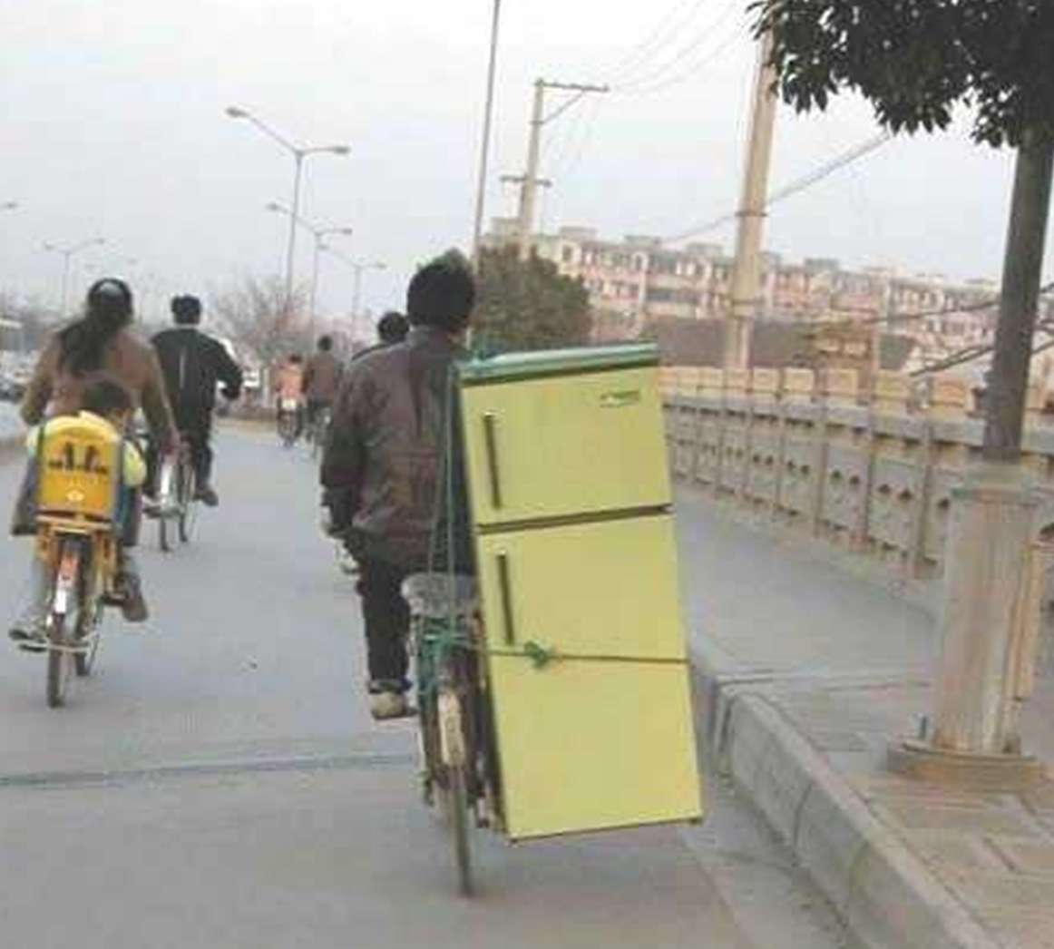 Transporting Fridge Whitegoods On Bicycle