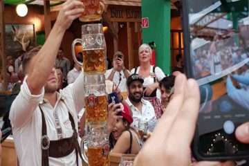 Oktoberfest Munich Germany Beer Stein Tower Stack | Germany Travel Blog | Oktoberfest In Munich, Germany - The Beer Stein Stack Snake! | Germany Travel Blog | Author: Anthony Bianco - The Travel Tart Blog